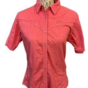 Women's Coral Wrangler Pearl Snap Cotton Western Cowgirl Button-Up Shirt Size M
